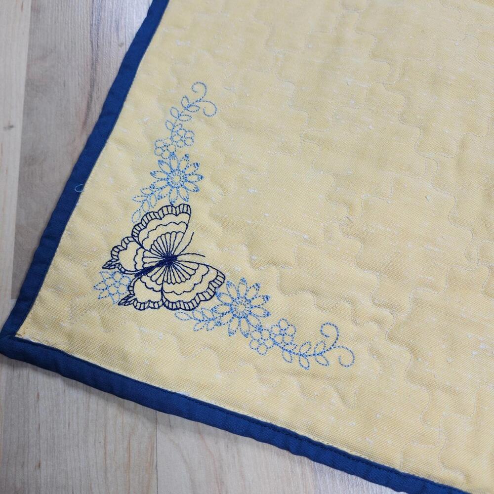 Quilted Placemats Set of 4‎ Embroidered Butterfly Floral Blue Yellow Handmade